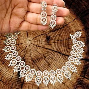Indian Bollywood Bridal Set Silver Plated Jewelry Earrings CZ Ethnic AD Necklace - Picture 1 of 6