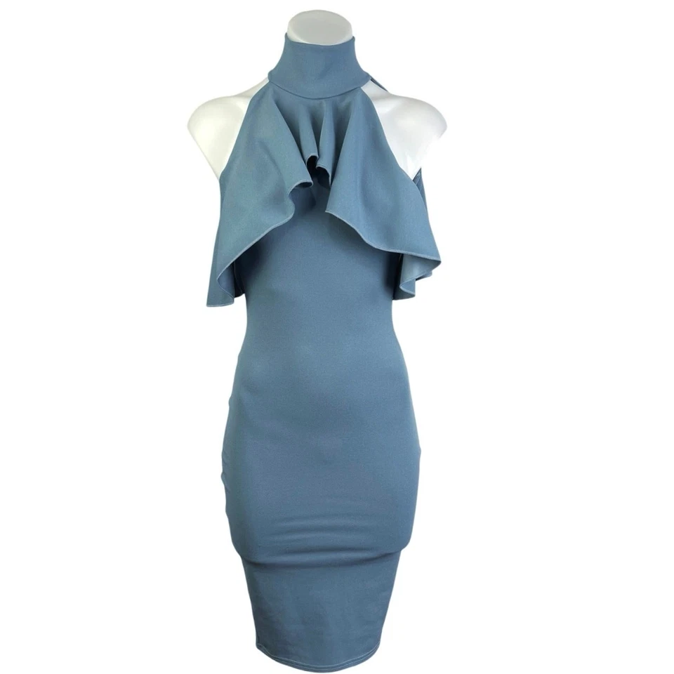 Vestido sin mangas Missguided azul halter cuello falso volantes midi ceñido al cuerpo talla S Foto 1 de 4