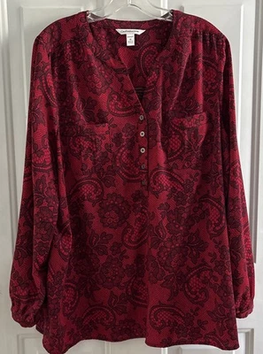 Croft & Barrow блузка 1 X красный и черный кружевной печать длинный вкладка рукава 2 кармана карьера  - Изображение 1 из 4