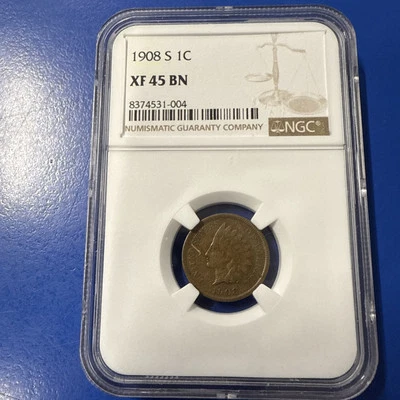 1908-S NGC XF-45 BN Indian Head Cent, Attractive, Chocolate-Brown, Key-Date. - Image 1 of 4