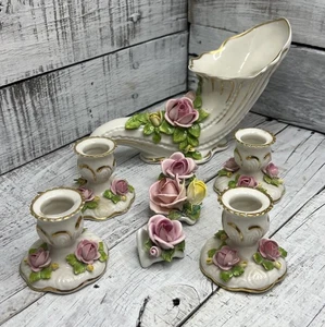 Juego de 8 velas vintage de porcelana DRESDEN rosas amarillas doradas cornucopia 🌹 - Imagen 1 de 24