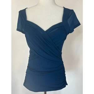 Y2K Micro Mesh Short Sleeve Top Women's M Ruched Sweetheart Neck Mermaid Fairy - Picture 1 of 13