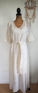 Bohemian langes weißes romantisches Spitzenkleid mit Futter + Gürtel Flatterärmel Gr. M - Bild 1 von 11