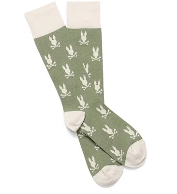 PSYCHO BUNNY Socks All Over Bunny Dress Green White Crew Length Pima Cotton NWT - Image 1 of 4