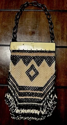 Vintage Art Deco Micro Beaded Purse Bakelite Trim Black Ivory Earrings - Image 1 of 4