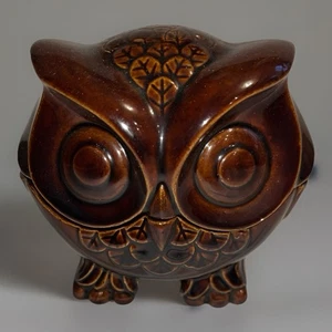 Vintage MCM Ceramic Owl 2 Pc Brown Trinket Box Lidded - Picture 1 of 12