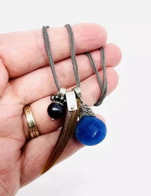 Collar Beth ORDUNA Plata Esterlina Piedras Preciosas Dije Perlas Calcedonia Firmado Foto 1 de 4