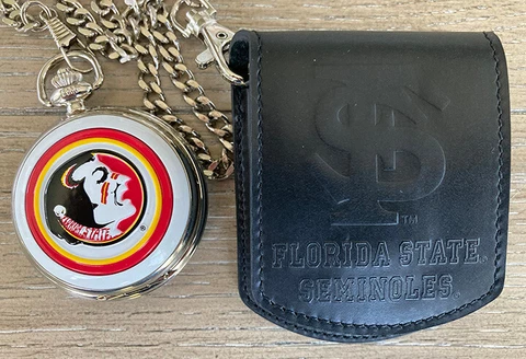 Danbury Mint NCAA FL State Seminoles Pocket Watch w/Chain & Leather Belt Pouch Cover