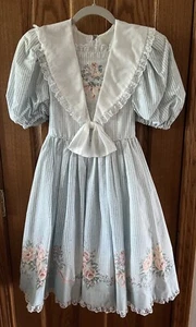 Vintage Daisy Kingdom Blue Striped Floral Puffy Sleeve Dress Handmade  - Picture 1 of 12