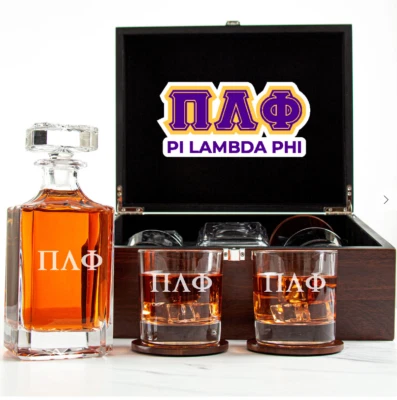 Pi Lambda Phi - Fraternity Decanter and 2 Glasses In Wood Box Set - Image 1 of 4