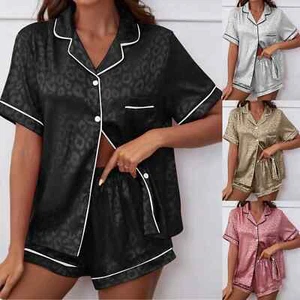 New Pajama Set Women's Leopard Silky Satin Pajamas - Picture 1 of 28