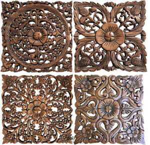 Square Wood Carved Floral Wall Art Panel. Optional Designs Brown 12"