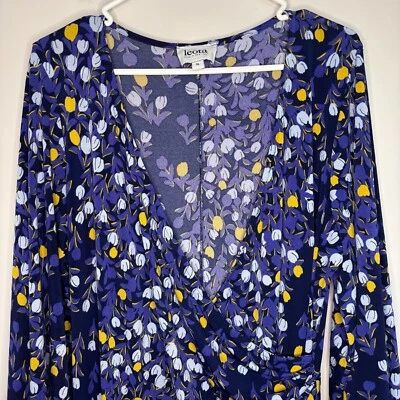 Maxi dobladillo alto manga 3/4 azul amarillo cuello en V elástico LEOTA 1L para mujer Foto 1 de 4