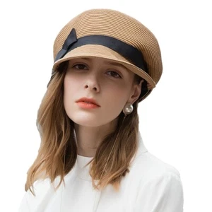 Women's Straw Cap Foldbale Newsboy Gatsby Ivy Visor Sun Beret Hats Bowknot Camel - Picture 1 of 5