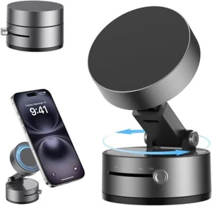 360 Vacuum Strong Magnetic Phone Holder, w/ Suction Cup Car Stand Foldable Mount - Picture 1 of 16
