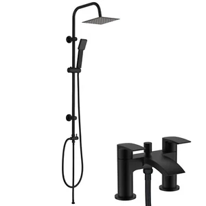 Matt Black Modern Square Waterfall Bath Shower Mixer Tap & 3 Way Rigid Riser Kit - Picture 1 of 8
