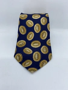 Pure Silk Tie Linea Moda Navy Blue Gold Circle Work Business Classic - Picture 1 of 10