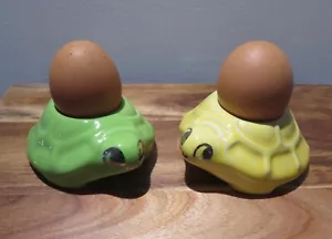 2 TURTLE TORTOISE EGG CUPS Vintage HONITON POTTERY Yellow & Green - Picture 1 of 5