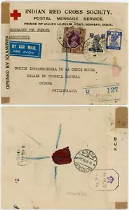 INDIA WW2 CENSORED RED CROSS AIRMAIL REGISTERED TAJ MAHAL HOTEL BOMBAY PMS SEAL - Picture 1 of 3
