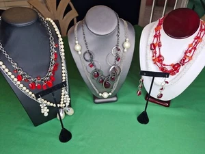 Lot 8 Fire & Ice Pearl Rhinestone Red & Silver Necklaces & Earrings Stack Layer - Picture 1 of 24