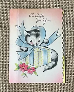 Tarjeta de papel pequeña Greetings Inc Traviesous Playful Kitten Cat 1940 1950 de colección - Imagen 1 de 4