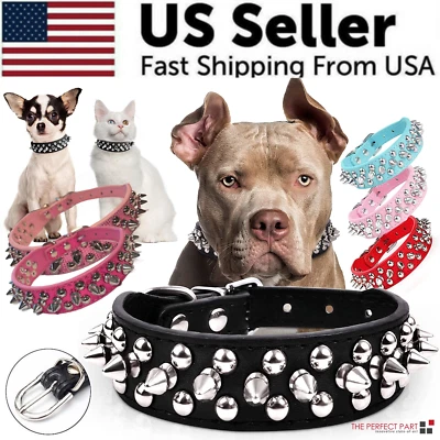 THE PERFECT PART Spiked Studded Leather Dog Collar Rivets Pet Small Large Cat Pit Bull Adjustable