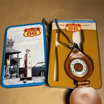 Route 66 Pocket Watch Leather Built Clip Japan Movement Rare Chain New in Box - Image 1 of 3