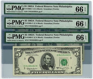Fr. 1968-C $5 1963A 3 Consecutive Federal Reserve Notes Philadelphia 66 EPQ PMG - Picture 1 of 2