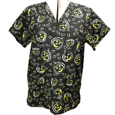 Tafford Jack O'Lantern Halloween Corn Candy Bats Scrub Top Black & Yellow M/L - Image 1 of 4