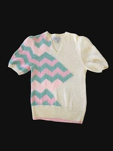 1980s Ivory Pink Blue Chevron Sweater Angora Hand Knit S Puff Sleeves - Picture 1 of 9