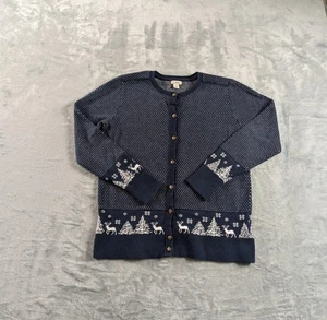 LL Bean Sweater Womens Small Navy Fair Isle Reindeer Cardigan Cotton Cashmere - Picture 1 of 9