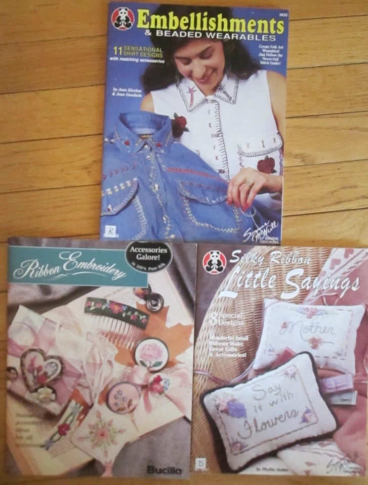 Ribbon Embroidery/ Beaded Slow Stitch Pattern Books 3 pc. lot Bucilla - Image 1 of 4