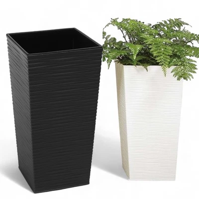 Blumentopf Hoch Eckig Rillen Optik Blumenkübel Pflanzgefäß 5 Größen Weiß Schwarz - Bild 1 von 4