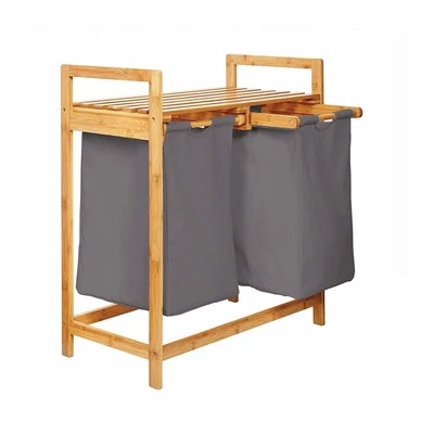 Wäschekorb aus Bambus mit Zwei Wäschesack Badezimmerregal Badregal Grau - Bild 1 von 4