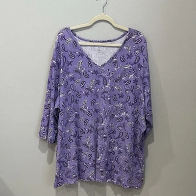 Woman Within Perfect V-Neck Tee Size 3x Purple White Cotton - Image 1 of 4