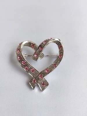 Anne Klein AK Marcasite w/Pink Rhinestone Ribbon Heart Pin Brooch - Image 1 of 4