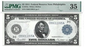 1914 $5 Philadelphia Federal Reserve Note White / Mellon PMG Choice Very Fine 35 - Picture 1 of 2