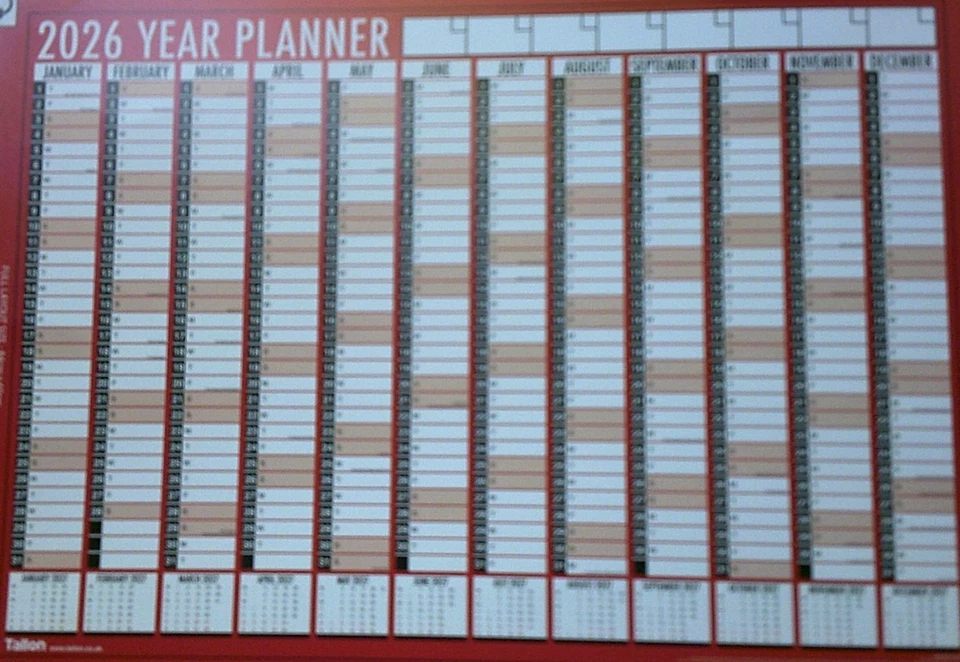 TALLON 2026 A1 Year/Holiday Planner Office Wall Red Black Commercial Calendar Organiser