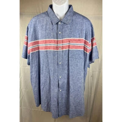 Camisa a Rayas Sean John Para Hombres Azul Mezcla de Lino Manga Corta Abotonada Talla XL Foto 1 de 4