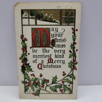 Tuck Holly Motto Christmas Embossed Verse Holly Border Cottage 1914 Postcard - Image 1 of 2