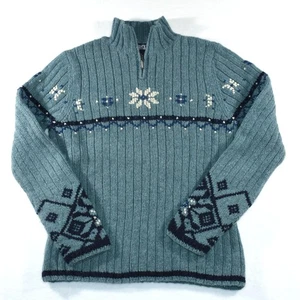 Lands' End Sweater Womens Small Petite Teal Wool Half Zip Fair Isle Snowflake - Picture 1 of 13