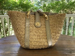 MICHAEL KORS Straw Tote Purse Handbag Leather Trim - Picture 1 of 24