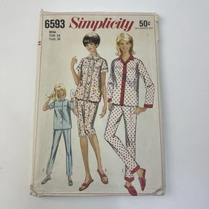 Pajamas Size 14 b34 CUT Vtg 60s Pattern 6593 Button up Crop Pants - Picture 1 of 2