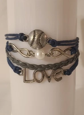 Pulsera envolvente de béisbol 9" azul marino ajustable, amor, perla Foto 1 de 4