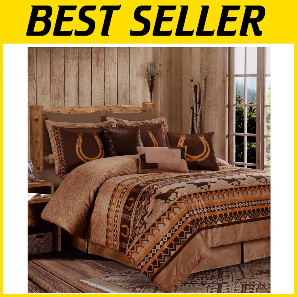 Juego de cama marrón rústico de 7 piezas - caballos salvajes del suroeste y patrones geométricos Foto 1 de 4