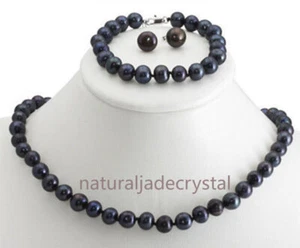 Natural 8-9MM Black Akoya Freshwater Pearl Necklace Bracelet Earrings Set - Picture 1 of 5