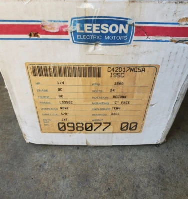 LEESON ELECTRIC MOTOR, 1/4hp, DC 24 Volt, 5/8" shaft. Part # C42D17NC5A - Image 1 of 3