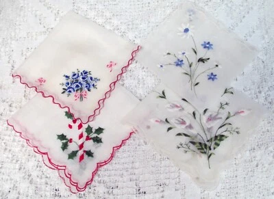 DE COLECCIÓN PAÑUELOS DAMAS AÑOS 50, LOTE (4) BORDADOS, BASTÓN DE CARAMELO NAVIDAD, FLORES, 1 DEFECTO Foto 1 de 4