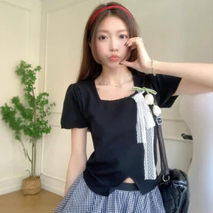 French Three-Dimensional Flower Sweet Square Neck Short-Sleeved Knitted T-Shi _t - Picture 1 of 13