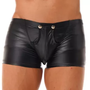 Men's Faux Leather Shorts Press Button with Bulge Pouch Underpants Underwear - Picture 1 of 17